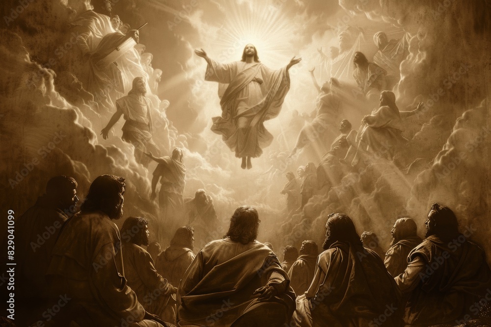 Jesus floating in the air with his disciples looking up at him, cartoon style drawing, sepia background, light shining down on them from above Jesus floating in the air with his disciples looking up at him, cartoon style drawing, sepia background, light shining down on them from above