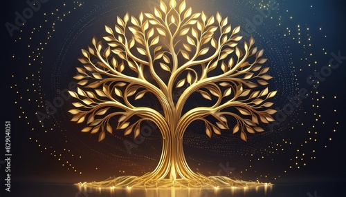 3D Tree with Elegant Design and Intricate Roots. A stunning 3D illustration of a golden tree with elegant leaves and intricate roots, showcasing a luxuriouerence Image