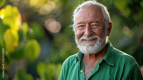  senior man with a white beard, wearing a green shirt, smiling 