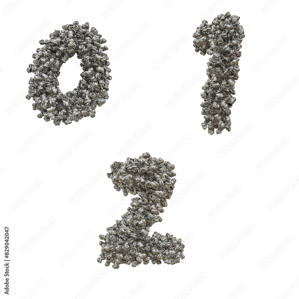 3d render of Crushed aluminium can capital letter alphabet - digits 0-2 3d render of Crushed aluminium can capital letter alphabet - digits 0-2