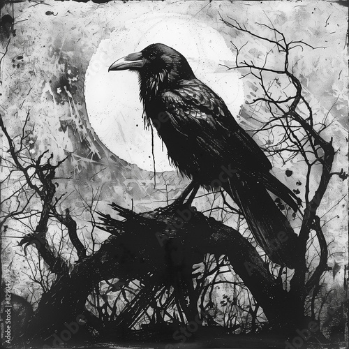 Drawn black raven. Cover for a book or album. Illustration created using artificial intelligence. Illustrations and Clip Art AI generated.