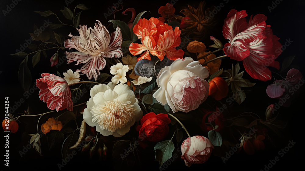 Flowers on a black background. Classic oil painting on canvas ...