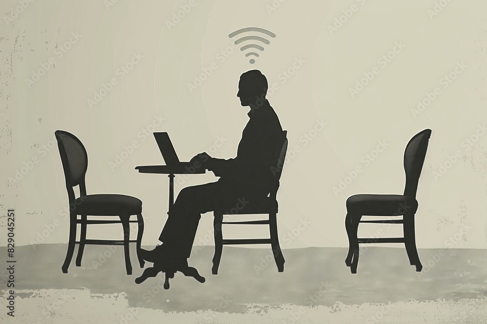 Fototapeta premium Silhouette of a person at a table with a Wi Fi symbol, highlighting connectivity in public spaces