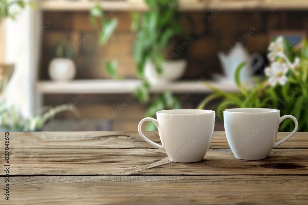 Two white cups filled with coffee sitting on a wooden table. Generative AI Two white cups filled with coffee sitting on a wooden table. Generative AI