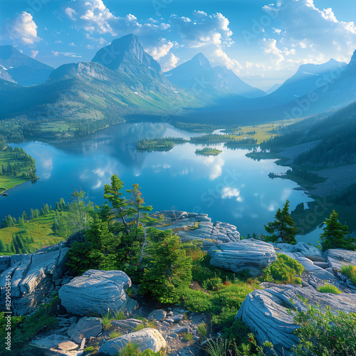 romantic summer landscape with lake and mountains
