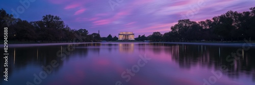The Lincoln Memorial and reflecting pool under a dramatic purple sky during the blue hour, a symbol of American history and reflection