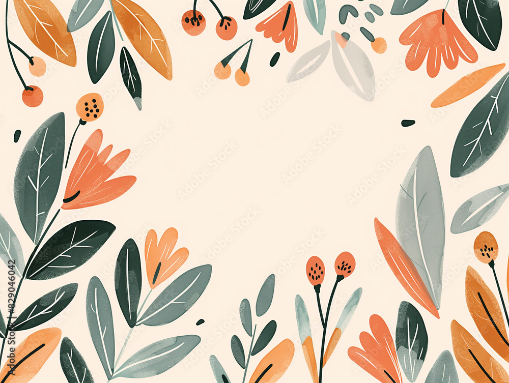 Postcard with an ornament of petals and leaves in orange and green. Postcard with an ornament of petals and leaves in orange and green.