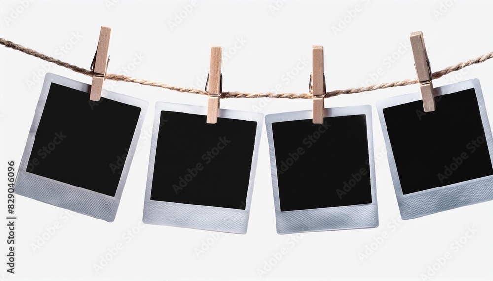 four blank instant photo frames hanging on a rope isolated on ...