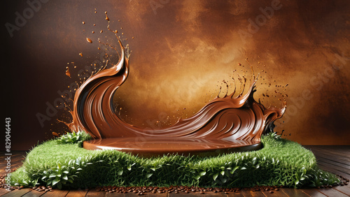 Grass 3D podium, Chocolate podium background, product coffee stand display platform, liquid milk splash, chocolate wave, cocoa podium, brown dark melt hot studio, smooth bar stage abstract pedestal
