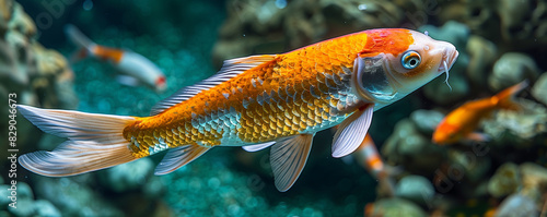 Vibrant orange koi fish swimming in clear water. © connel_design