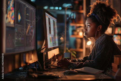A young girl at the monitor, computer. Fashionable background for design projects. Illustrations created using artificial intelligence. Illustrations and Clip Art AI generated.