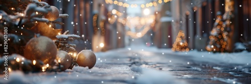 Snow-covered path lined with Christmas decorations and warm lights creating a festive atmosphere photo
