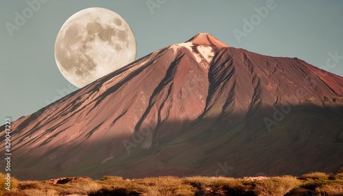 close up of a red mountainin in atacama desert with big moon in the blue sky photo