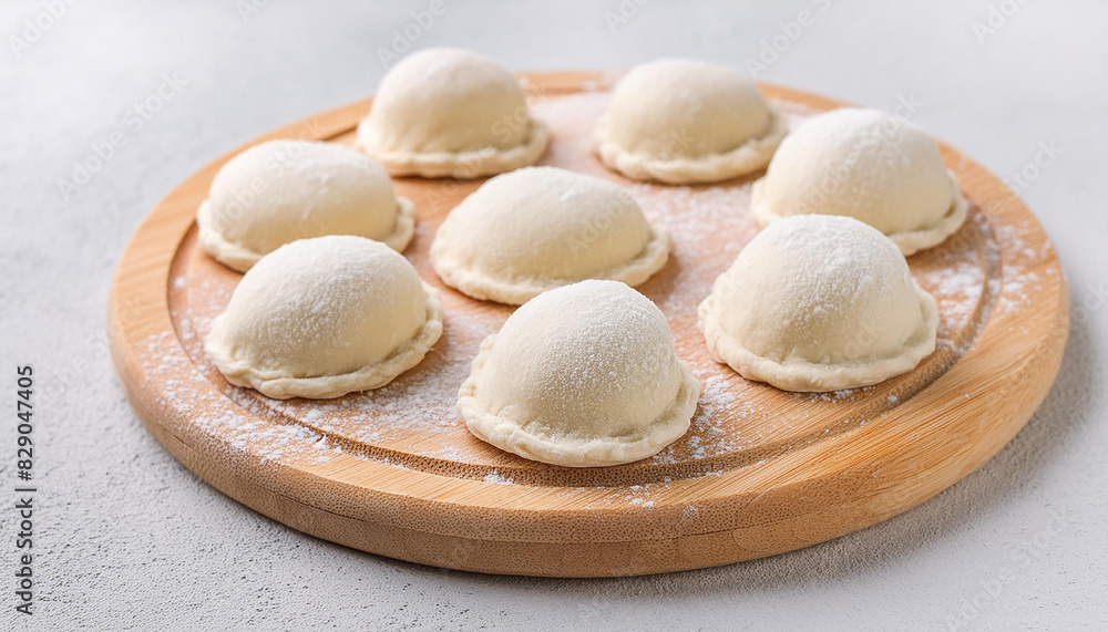 Fresh raw dough homemade dumplings on round wooden board. Culinary and cooking concept. Fresh raw dough homemade dumplings on round wooden board. Culinary and cooking concept.