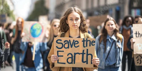 Determined young female activist holding a 'Save the Earth' sign during an environmental protest © gunzexx png and bg