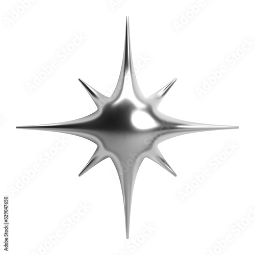 3D Y2K chrome star with multiple spikes, spark or flash, shiny metallic glossy silver surface. Isolated vector element for retro futuristic design, cyber space, galaxy aesthetic, sci-fi themes