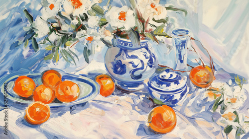 Picture with oranges and blue dishes. Fashionable background for design projects. Illustrations created using artificial intelligence. Illustrations and Clip Art AI generated.