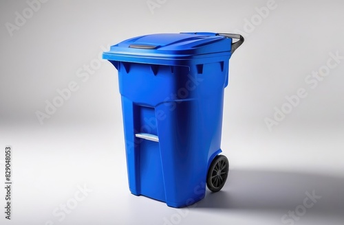 empty clean blue plastic trash can on a white background.