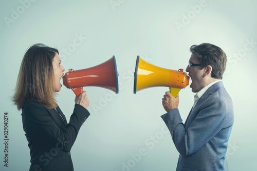 businessman shouting at each other through loudhailers or megaphones photo