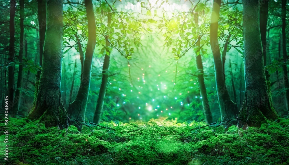 enchanting forest scene illuminated by a mystical emerald light fairy tale outdoor background