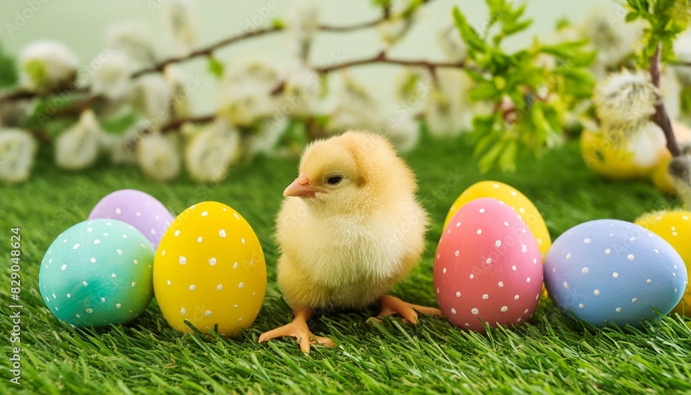 colorful easter eggs and cute little yellow chicken on fresh green grass
