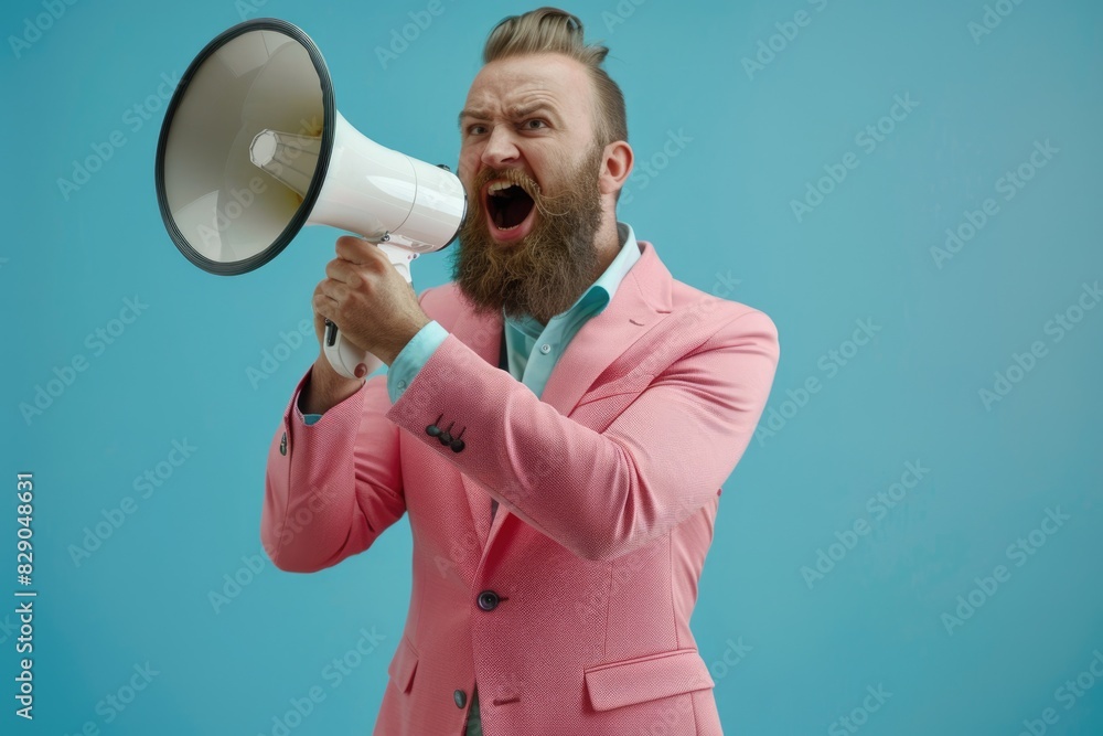 Excited businessman in pink suit screams through megaphone. Excited businessman in pink suit screams through megaphone.