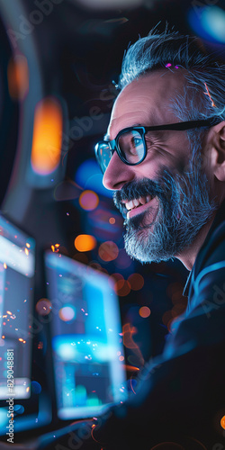 A middle-aged man with glasses, an IT specialist, surrounded by computer equipment. Illustrations created using artificial intelligence. Illustrations and Clip Art AI generated.