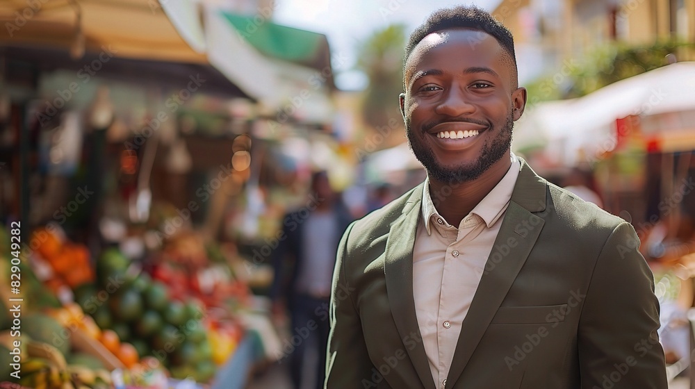 African businessman, dressed in a chic olive green suit, his smile reflecting his warmth and approachability