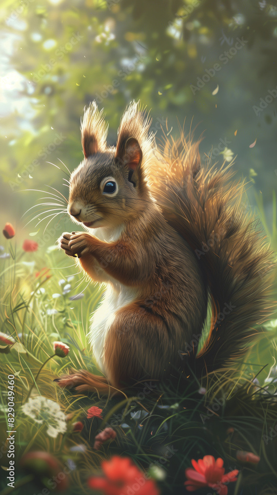 Squirrel Sitting on Grass in Summer Garden