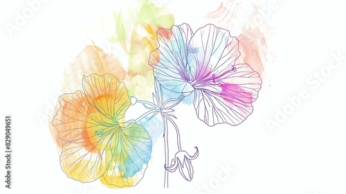Delicate line drawing of hibiscus flowers with watercolor background in pastel colors.