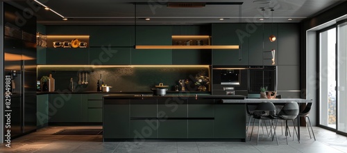 Modern black and green kitchen interior featuring dark green cabinetry, black island, and integrated lighting