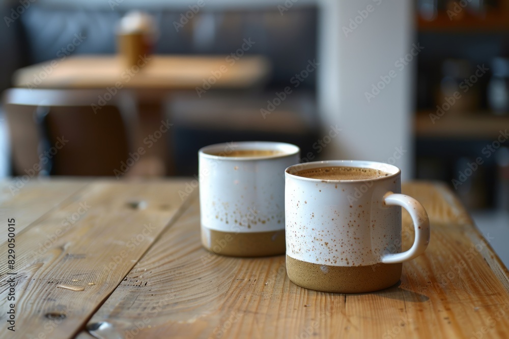 Two coffee mugs filled with aromatic coffee placed on a wooden table. Generative AI Two coffee mugs filled with aromatic coffee placed on a wooden table. Generative AI