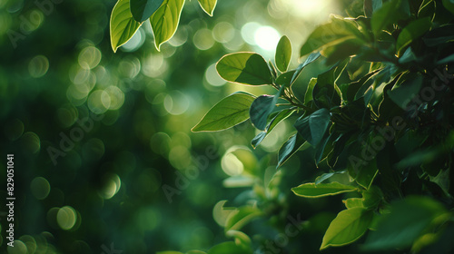 Branches with green leaves against a blurred forest background. Illustrations created using artificial intelligence. Illustrations and Clip Art AI generated.