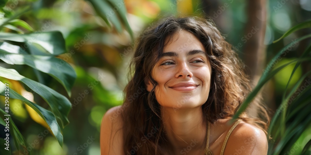 A content woman is enjoying a peaceful moment amongst lush greenery with a serene expression A content woman is enjoying a peaceful moment amongst lush greenery with a serene expression