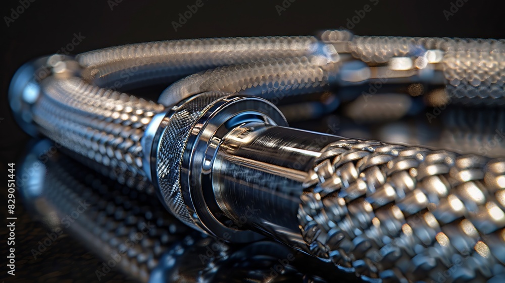 Detailed view of steel braided hoses showcasing mechanical design and texture