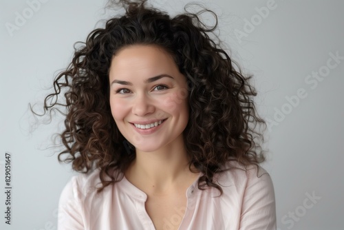 woman with curly hair smiling  wearing a light pink shirt  light grey background.