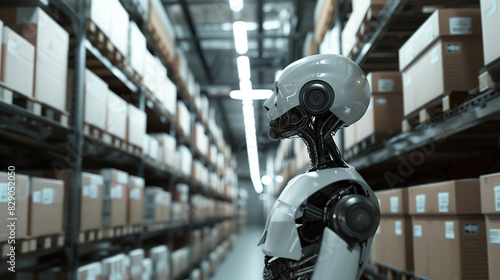 An artificial intelligence robot works in a warehouse. Illustrations created using artificial intelligence. Illustrations and Clip Art AI generated.