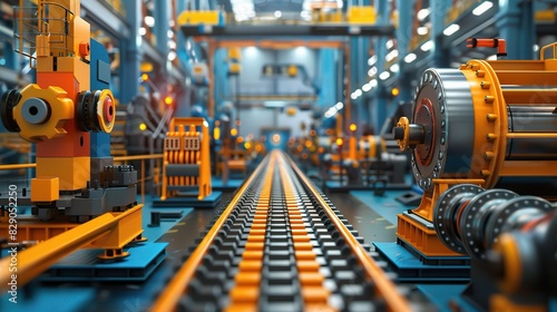 industrial equipment in vivid colors, from conveyor belts to hydraulic presses, arranged neatly in a spacious warehouse photo