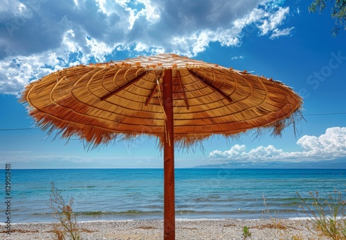 Summer beach: Paralia, Olympic Riviera, Pieria, Greece. Palm parasol shades the sand. photo