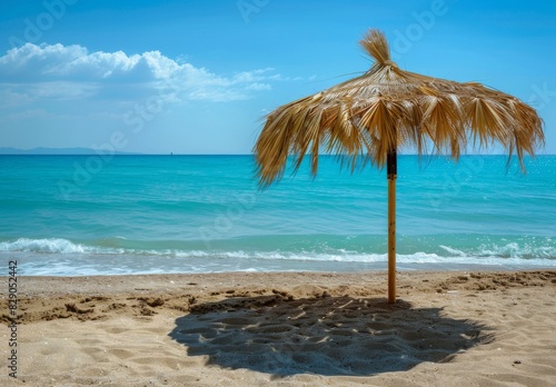 Summer beach: Paralia, Olympic Riviera, Pieria, Greece. Palm parasol shades the sand. photo