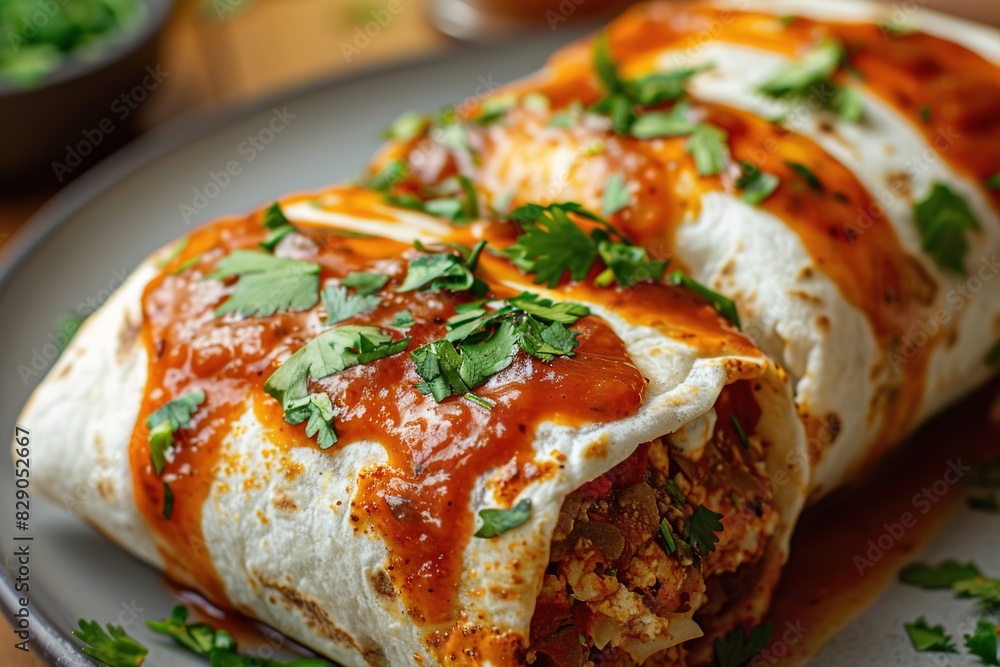 A burrito topped with vibrant red sauce and sprinkled with fresh herbs. A burrito topped with vibrant red sauce and sprinkled with fresh herbs.