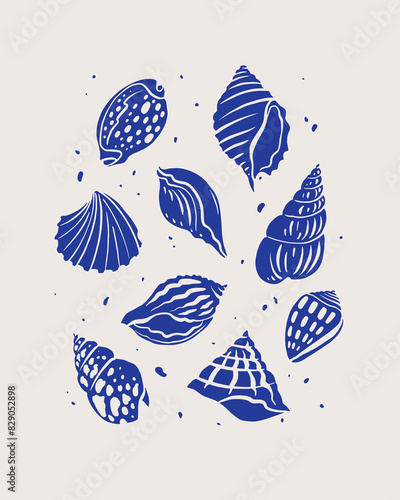 Set of blue seashells, linocut. Empty shells of different shapes: coils, spirals. Ancient mollusks on a light background. Vector illustra􀆟on of sea and ocean fauna.