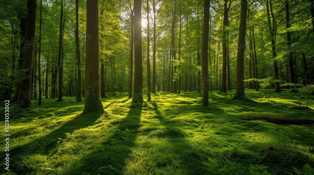Obraz premium grass and trees in the forest at sunshine
