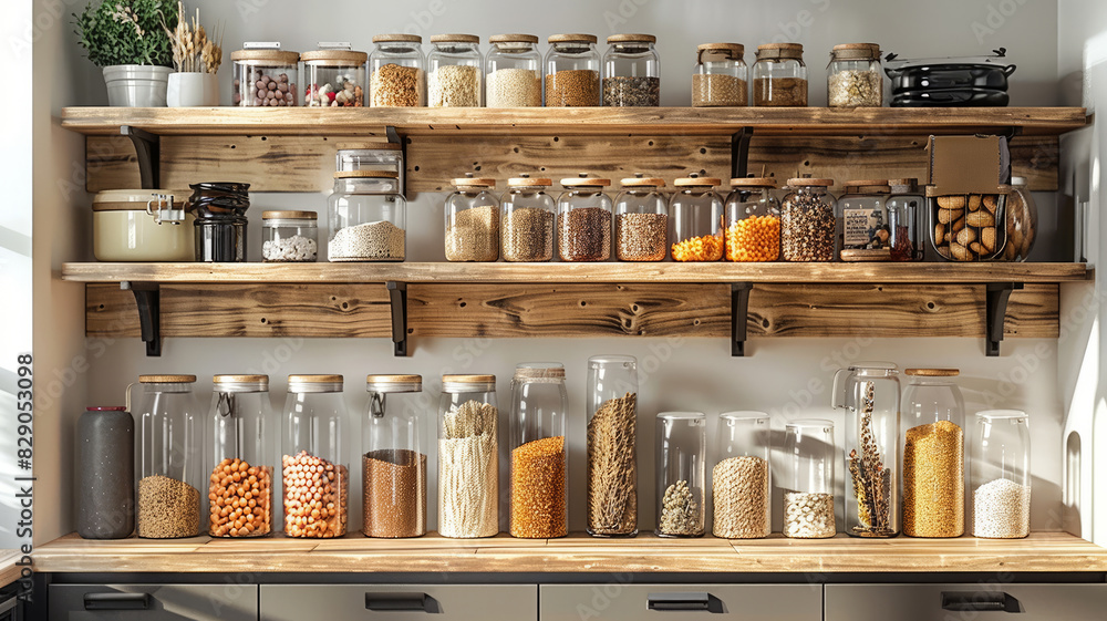 Organized pantry with labeled containers of assorted grains on wooden shelf in bright minimalist kitchen Organized pantry with labeled containers of assorted grains on wooden shelf in bright minimalist kitchen