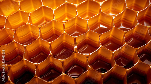 A close-up of a honeycomb pattern, each hexagon filled with golden honey ©  Riley