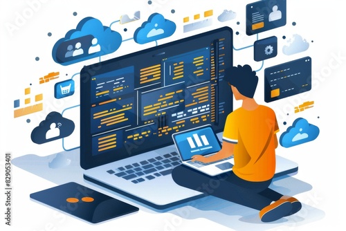 Illustration of a person working on a laptop with cloud technology, representing online data storage, digital security, and the integration of modern technology in a professional setting