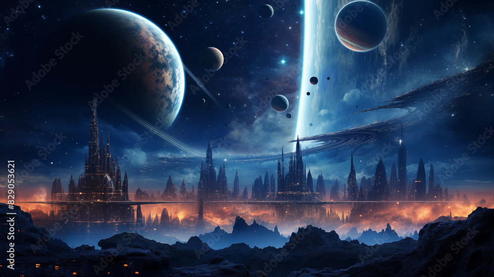 Fototapeta premium Space metropolis in the universe. Fashionable background for design projects. Illustrations created using artificial intelligence. Illustrations and Clip Art AI generated.