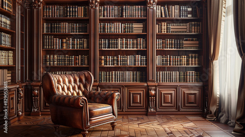 Luxurious Classic Study with Wooden Bookshelves and Leather Armchair