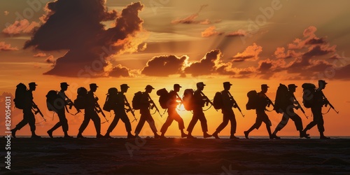 Silhouetted soldiers marching at sunset, capturing the essence of military operation, teamwork, and dedication of troops on a mission in a battlefield setting, Generative AI photo