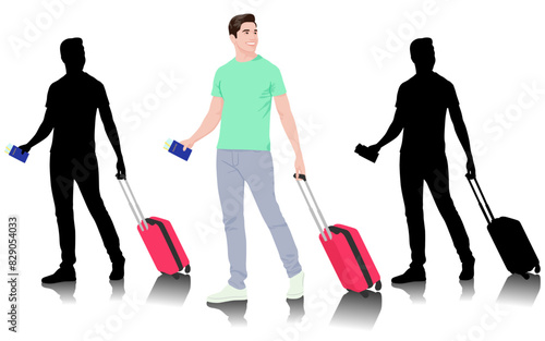 Young man tourist with passport and tickets. Male in casual clothes with a suitcase. Young male traveler goes on a journey. Vector illustration isolated on white